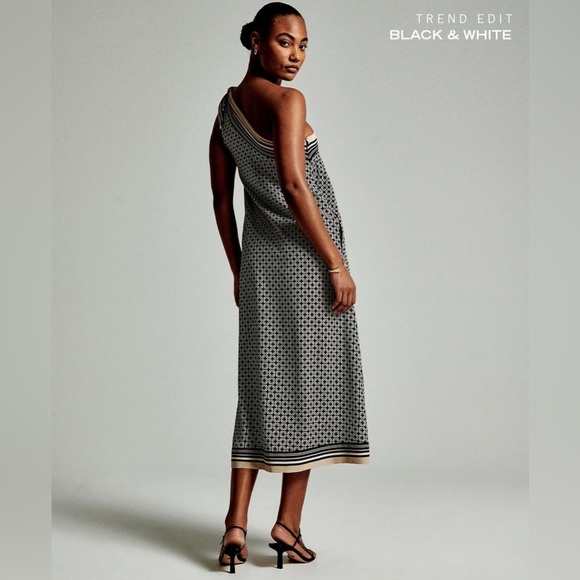 Abercrombie & Fitch One Shoulder Scarf Bow Midi Dress Black White Size Large EUC - Picture 6 of 14